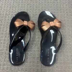 Ted Baker Sandals 7 Black Jelly Flip Flops Thongs Rose Gold Bows Slip Ons Casual